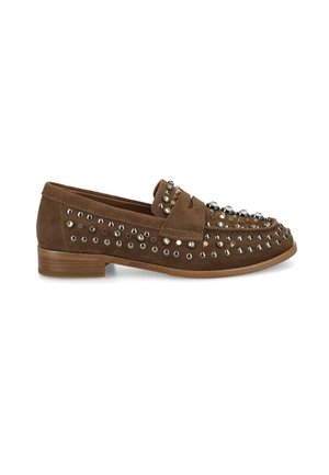 Brown suede loafer with a low stacked heel and silver and gold round studs covering the upper and strap across the vamp.