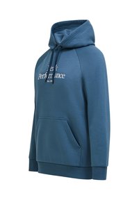Felpa con cappuccio di un blu teal uniforme, con tasca frontale. Il tessuto è morbido, con polsini e orlo a coste, e arricchita da testo ricamato bianco.