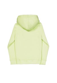 Felpa verde chiaro con cappuccio, maniche lunghe e polsini a costine, vista da dietro su uno sfondo bianco.