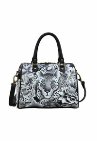 Zwart-witte handtas met een luipaardprintontwerp met blauwe ogen, bloemenpatronen, zwarte leren handvatten en gouden hardware accenten.