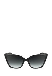 Occhiali da sole cat-eye neri con lenti sfumate, caratterizzati da una montatura in plastica spessa e liscia e bordi leggermente curvati per un design audace.