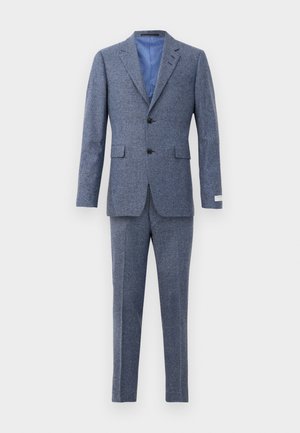 Blauer Wollanzug mit strukturiertem Finish, bestehend aus einem Blazer mit zwei Knöpfen und geraden Hosen. Futter im Inneren und kontrastierende Akzente in Blau.