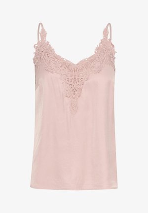 Light pink camisole featuring delicate lace trim on the neckline, adjustable straps, soft fabric, and a relaxed fit.