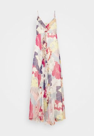 Langes ärmelloses Kleid mit dünnen Trägern und Rüschendetail, mit großen Blumenmustern in Pink, Lila, Gelb und Weiß.
