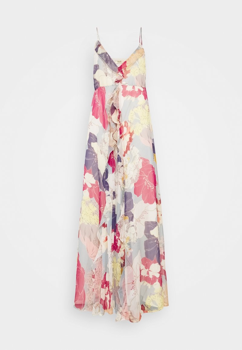 Robe longue sans manches à fleurs avec fines bretelles et détail volanté, présentant de grands motifs floraux roses, violets, jaunes et blancs.