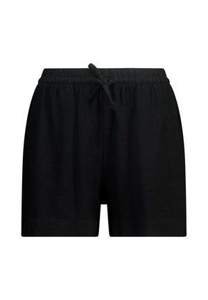 Pantaloni corti neri in lino con una vita elasticizzata, cordoncino regolabile e una vestibilità comoda. Texture liscia, senza motivi o accenti visibili.