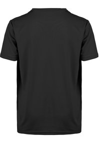 Svart kortärmad t-shirt med rundad halsringning, tillverkad i ett slätt tyg, med en enkel design utan mönster eller detaljer.