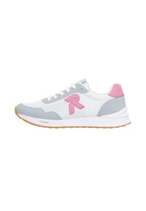 White athletic sneaker with gray suede accents. Features a pink logo, breathable mesh upper, and a contrasting gum sole design.