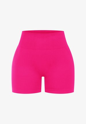 Rosa, hoch taillierte Shorts aus glattem, dehnbarem Stoff. Eng anliegendes Design und Oberschenkellänge, mit einem nahtlosen Bund.
