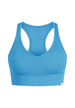 Bra sportivo blu a coste con scollatura a V e design a racerback. Presenta un tessuto testurizzato e un elastico nella parte inferiore.