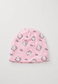 Beanie in cotone rosa con un motivo ripetuto di Hello Kitty, contornato in nero e impreziosito da piccoli fiocchi. Tessuto morbido ed elasticizzato con una forma arrotondata.