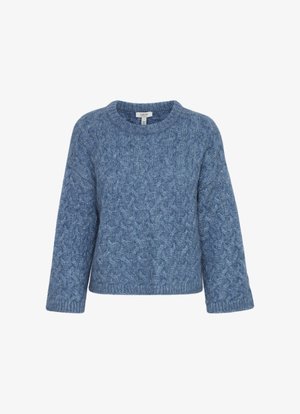 Pull en laine bleu tricoté avec un motif en côtes. Il présente un col rond et des manches larges, fabriqué à partir d'un matériau en mélange de laine texturé.