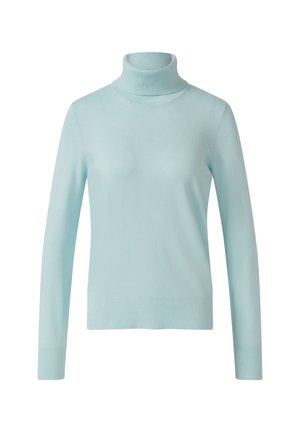 Light blue long-sleeve turtleneck sweater with ribbed cuffs and waistband, displayed on a plain white background.