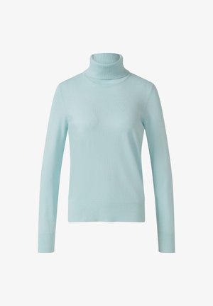 Lichtblauwe lange mouwen turtleneck trui met ribgebreide manchetten en tailleband, weergegeven op een effen witte achtergrond.