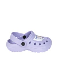 Light purple clogs made of synthetic material, featuring ventilation holes, a back strap, and a decorative patch on the upper.