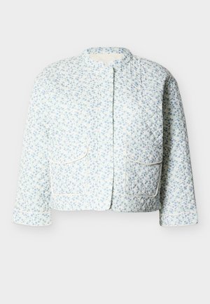 Πλεκτό κοντό τζάκετ με μακριά μανίκια, ανοιχτό μπλε λουλουδάτο μοτίβο, στρογγυλή λαιμόκοψη και δύο μεγάλες μπροστινές τσέπες.