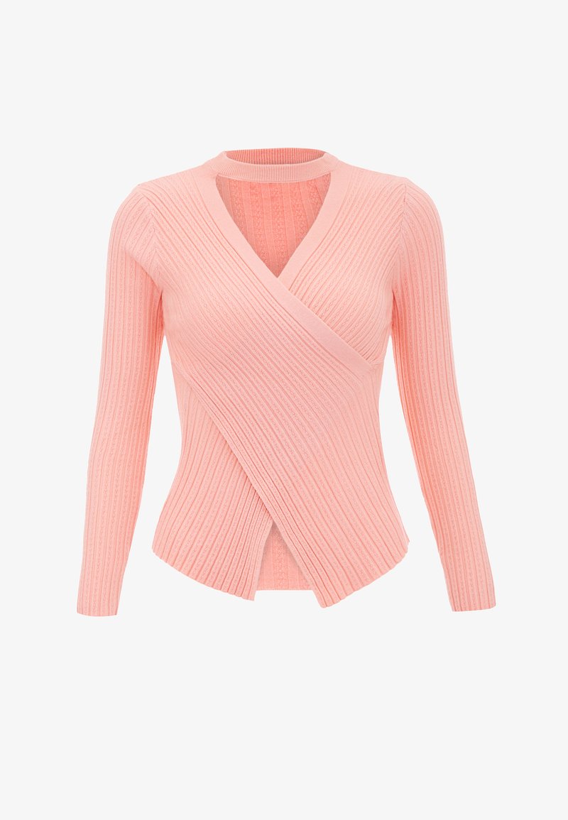 Világos rózsaszín bordázott pulóver, mély V-kivágással és hosszú ujjakkal. Jellemzője a cipzáras dizájn és a texturált szövet, amely fokozza a vizuális mélységet.