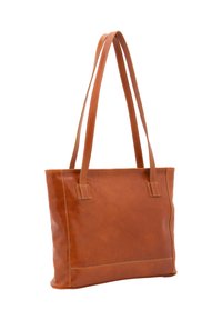 Borsa a tote in pelle marrone con due manici lunghi, texture liscia, forma rettangolare e cuciture visibili lungo i bordi.