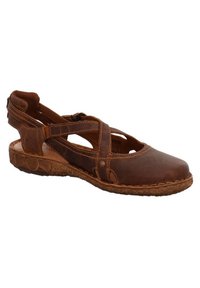 Brown leather sandal featuring cut-out detailing, cross-strap design, texture variations, and a textured rubber sole for grip and comfort.