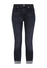 Jeans en denim foncé avec un design ajusté, taille mi-haute et longueur raccourcie. Dotés d'un ourlet à revers avec un tissu gris contrastant. Style classique à cinq poches.