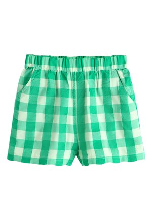 Grønne og hvide ternede shorts med elastisk talje og sidelommer, designet til afslappet brug.