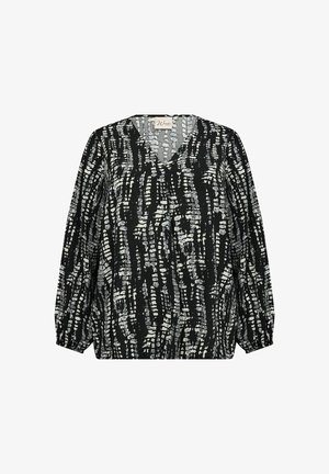 Zwarte blouse met lange mouwen en V-hals, met een textuur van een abstract patroon in wit en grijs. Gemaakt van lichtgewicht stof. Elastische mouwen.