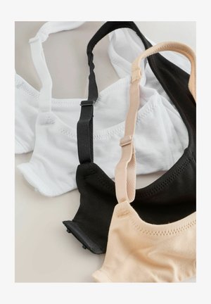 Drei BHs in Schwarz, Weiß und Nude. Hergestellt aus weichem Stoff mit verstellbaren Trägern und eingenähten Details an den Rändern.