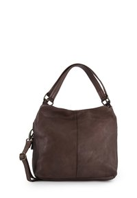 Bruine leren hobo tas met een gladde textuur, een afgeronde bovenkant, een enkele handgreep en een verstelbare schouderband. Voorzien van een contrasterende naad.