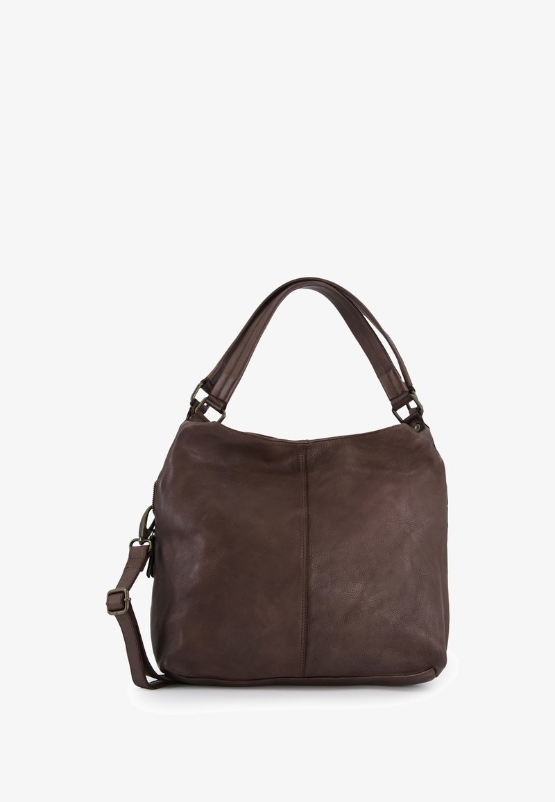Brown leather hobo bag with a smooth texture, a rounded top, a single handle, and an adjustable shoulder strap. Features a contrasting seam.