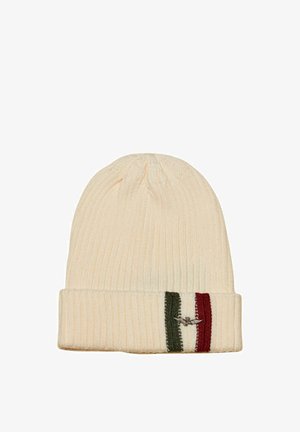 Berretto a coste crema con risvolto, caratterizzato da una banda a strisce verdi e rosse e un piccolo logo in argento.