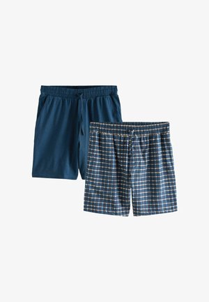 Two pairs of men's elastic waist shorts, one solid navy blue, one navy blue with white and beige checkered pattern.