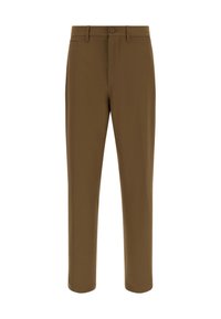 Pantaloni marroni su misura con una texture liscia, dotati di una tasca frontale e chiusura con bottone. Design slim-fit con gambe affusolate.
