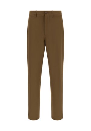 Braune, maßgeschneiderte Hose mit glatter Textur, ausgestattet mit einer Vordertasche und einem Knopfverschluss. Slim-Fit-Design mit schmal zulaufenden Beinen.