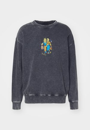 Dark gray sweatshirt made of soft cotton, featuring a colorful graphic design on the front. It has a classic round neckline and ribbed cuffs.