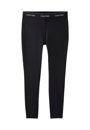 Schwarze enganliegende Leggings mit einem Calvin Klein markierten Bund, gefertigt aus glattem, elastischem Stoff, gezeigt vor einem schlichten weißen Hintergrund.