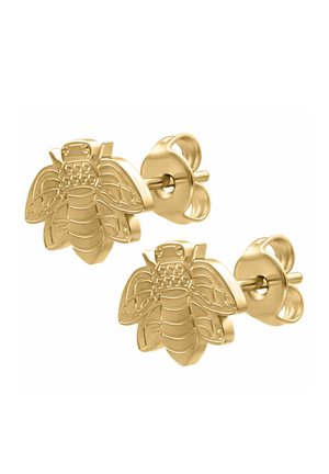 Goldene, bienenförmige Steckerohrringe mit filigranen Gravuren auf den Flügeln und dem Körper, ausgestattet mit einem sicheren Schmetterlingsverschluss.