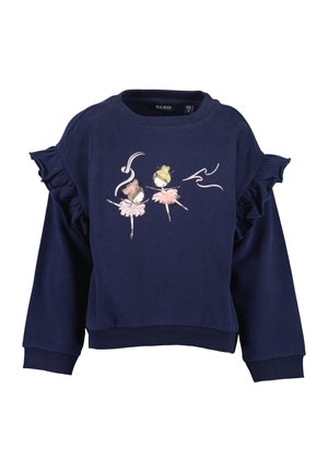 Marineblauer Kinder-Sweatshirt mit gerafften Schulterdetails und rosa Ballerina-Illustrationen, die auf der Vorderseite tanzen.