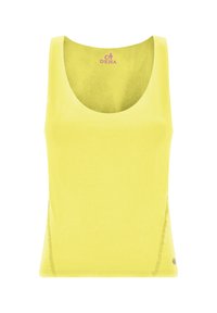 Gul tanktop med en rund halsudskæring, lavet af glat stof. Har subtile syninger og et logo trykt ved halsen.