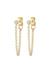 Orecchini in oro con un piccolo cristallo trasparente, collegati da una delicata catena, che mostrano un design elegante e contemporaneo.
