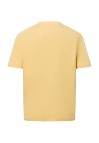 Kurze Ärmel, gelbes T-Shirt aus weicher Baumwolle. Verfügt über einen Rundhalsausschnitt und einen schlichten Rücken ohne Muster oder Verzierungen.