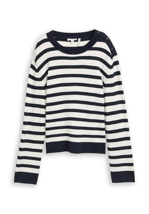 Biały sweter z długim rękawem z czarnymi poziomymi paskami, czarnymi mankietami, dekoltem oraz guzikami na lewym ramieniu.