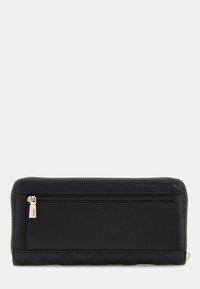 Black leather wallet with a quilted design, featuring a zip closure and a front zip pocket. Gold hardware accent on zipper.