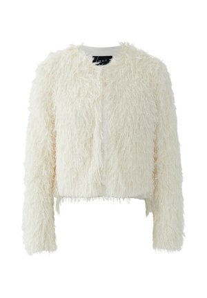 Weiße lange Ärmel, gekürzte Jacke aus strukturiertem, flauschigem Stoff mit rundem Ausschnitt, vor einem einfarbigen Hintergrund präsentiert.