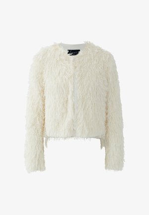 Weiße lange Ärmel, gekürzte Jacke aus strukturiertem, flauschigem Stoff mit rundem Ausschnitt, vor einem einfarbigen Hintergrund präsentiert.