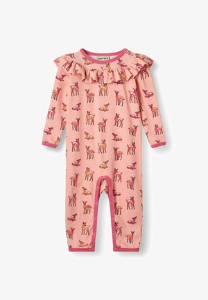 Grenouillère rose à manches longues pour bébé avec col à volants et motif cerf en orange et rose foncé, boutons pression le long des jambes et des épaules.