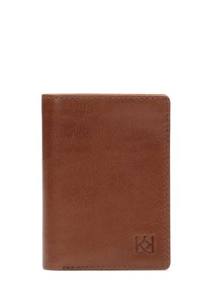 Braunes Leder-Wallet mit glatter Textur, bi-fold Design und geprägt Logo in der unteren Ecke, mit sauberem Stich entlang der Kanten.
