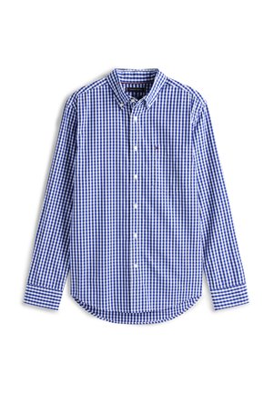 Camicia a maniche lunghe blu e bianca a quadri con colletto a punta e taschino sul lato sinistro del petto. Progettata con orlo arrotondato.