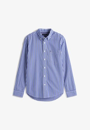 Camicia a maniche lunghe blu e bianca a quadri con colletto a punta e taschino sul lato sinistro del petto. Progettata con orlo arrotondato.
