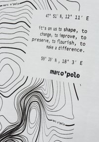 White fabric features black line patterns and text. Coordinates and a quote are displayed. The brand name "marc o'polo" is also visible.