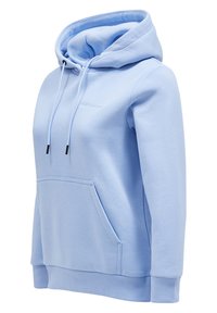 Lyseblå hoodie lavet af blødt stof, med en kengurulomme, justerbare snore og ribbede manchetter ved taljen og ærmerne.